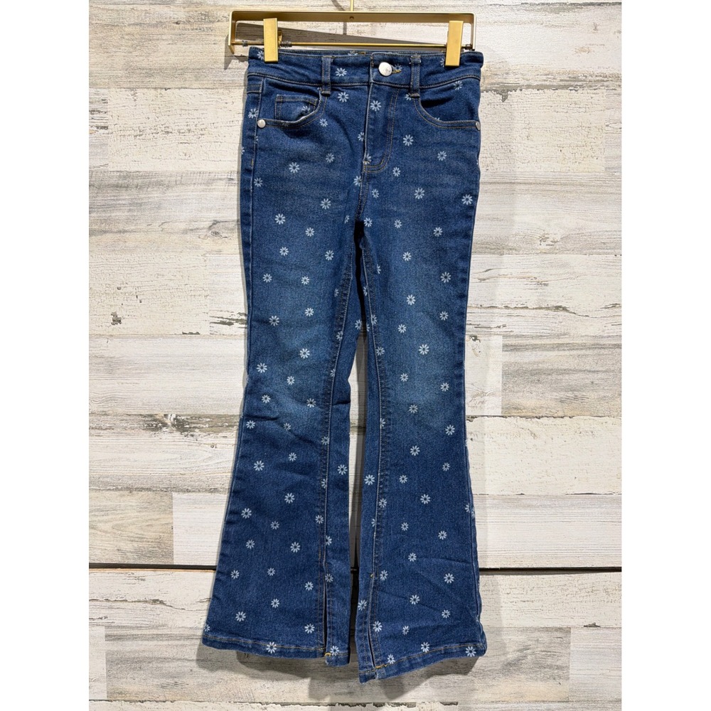 Derek Heart Flare Jeans Girls 7/8 Blue Daisy Floral Print Cottagecore EUC
